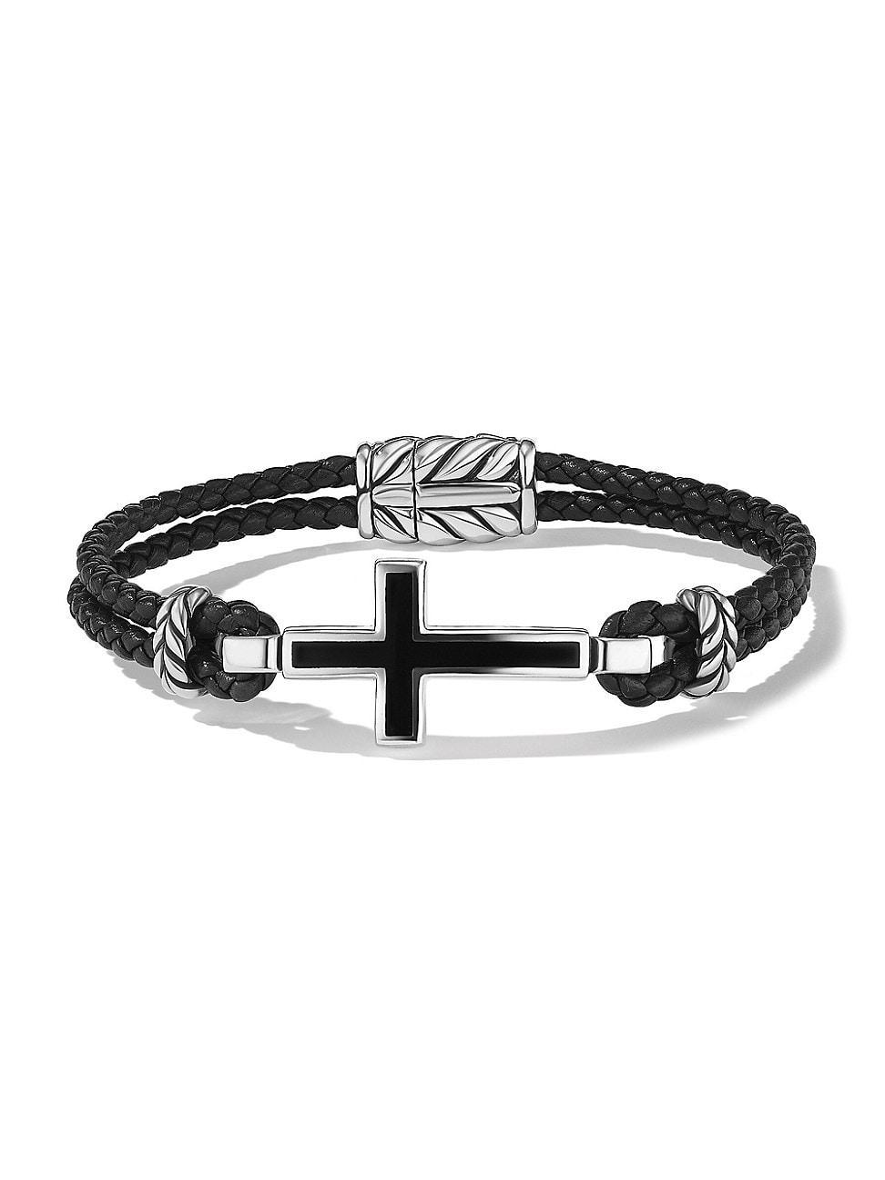 Mens Exotic Stone Cross Black Leather Bracelet with Black Onyx Product Image