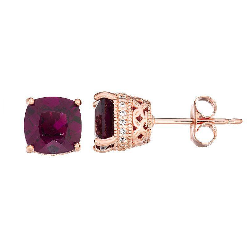 14k Rose Gold Over Silver Rhodolite Garnet & Lab-Created White Sapphire Stud Earrings, Womens, Pink Product Image