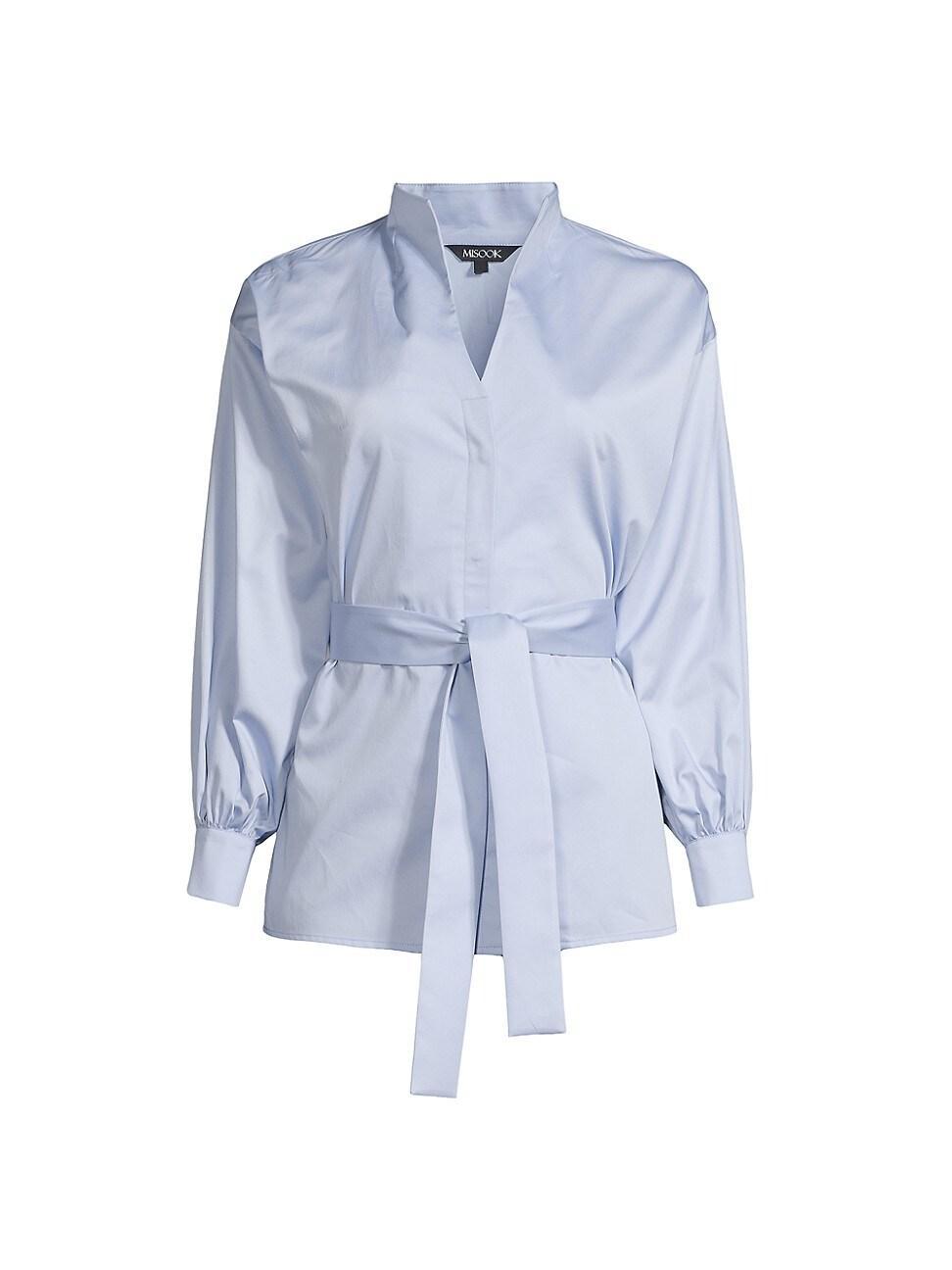 Misook Belted Funnel-Neck Cotton Poplin Blouse - Size: MEDIUM - CIRRUS BLUE Product Image