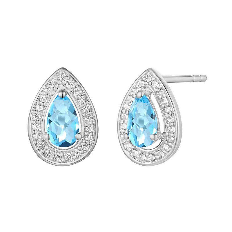 Rhodium-Plated Blue Topaz & Lab-Created White Sapphire Stud Earrings, Womens Product Image