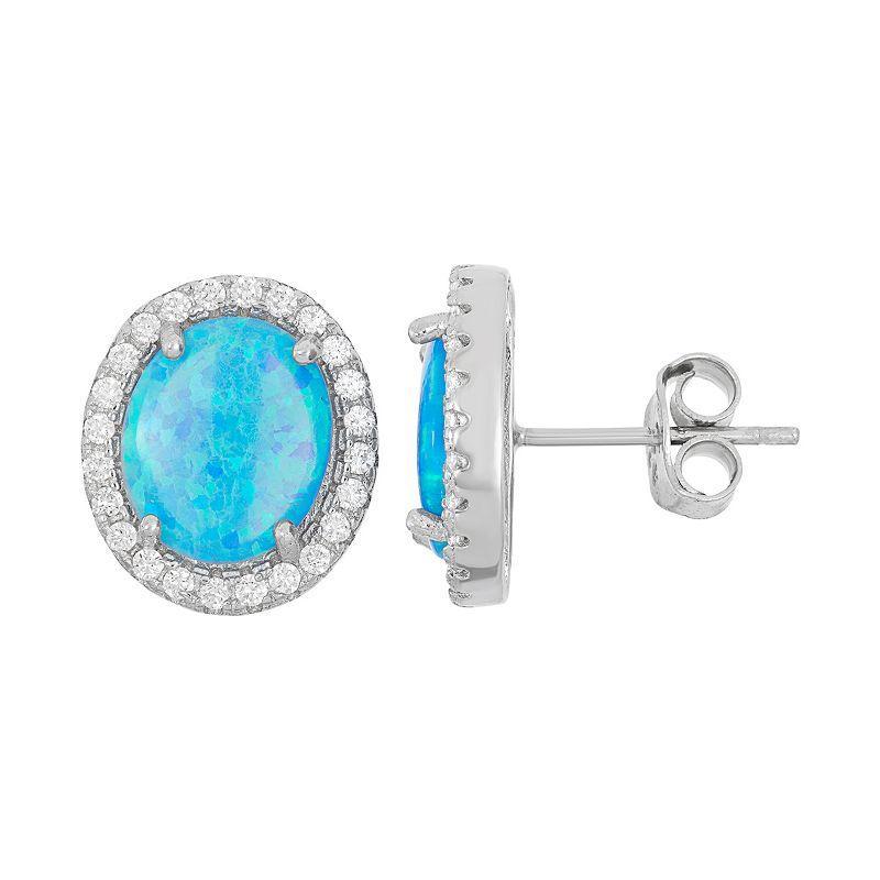 Lab-Created Blue Opal & Cubic Zirconia Sterling Silver Oval Halo Stud Earrings, Womens Product Image