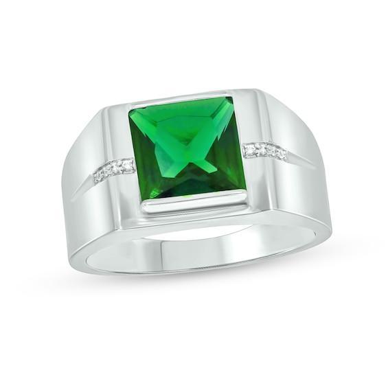 Men's 9.0mm Square-Cut Lab-Created Emerald and Diamond Accent Groove Shank Ring in 10K White Gold Product Image