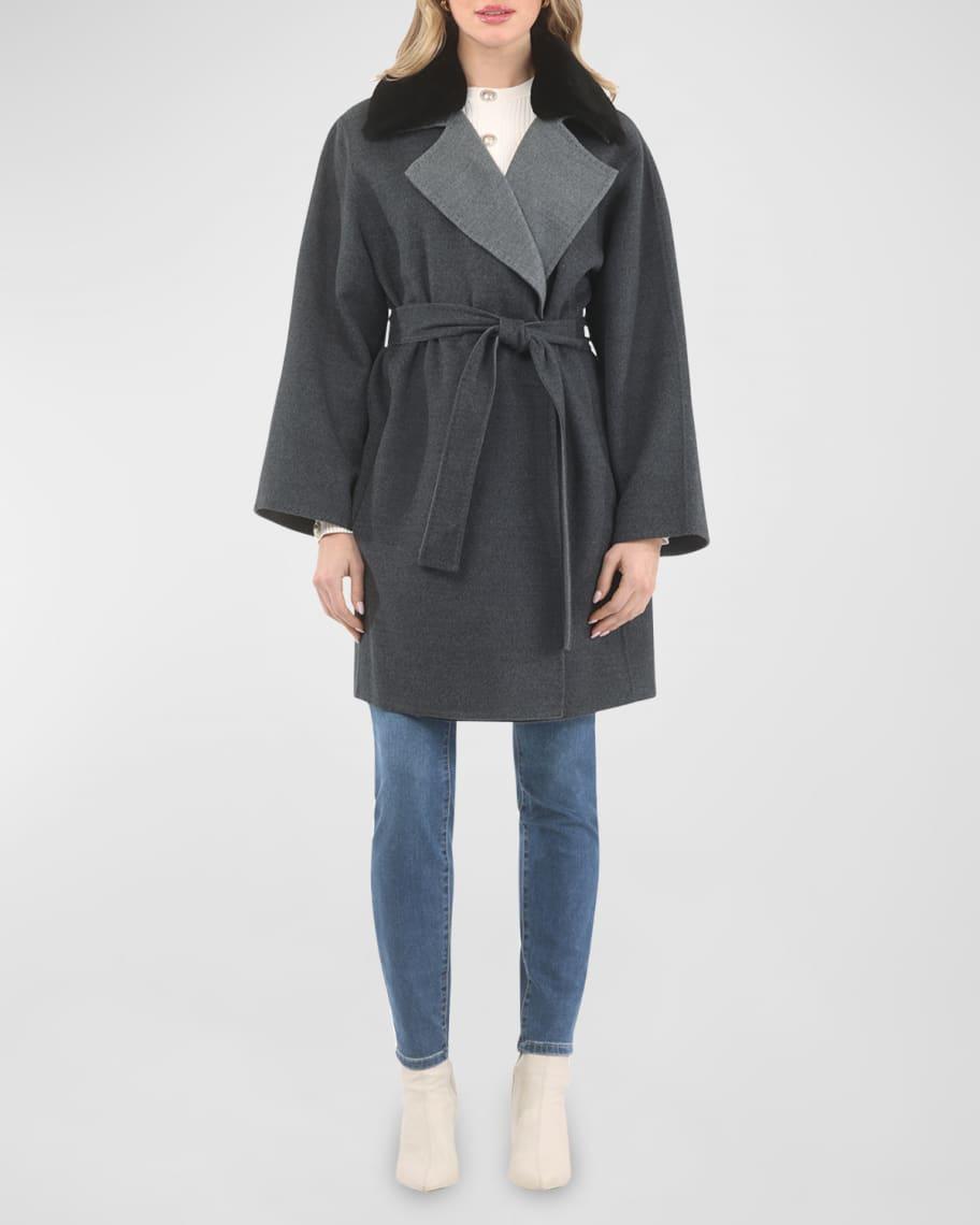 Reversible Belted Wool Stroller Coat With Detachable Lamb Shearling Collar Product Image