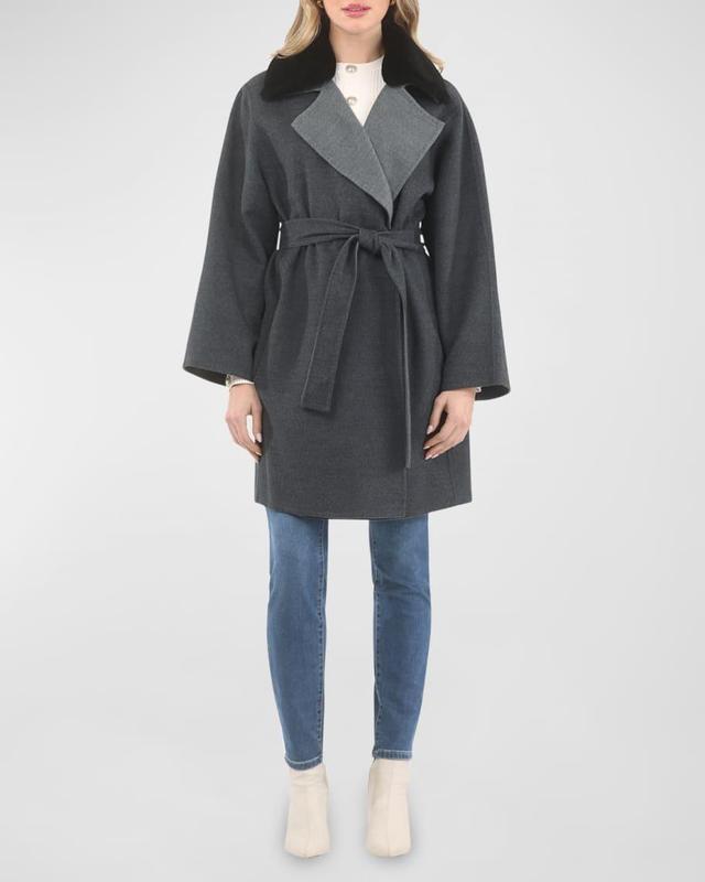 Reversible Belted Wool Stroller Coat With Detachable Lamb Shearling Collar Product Image