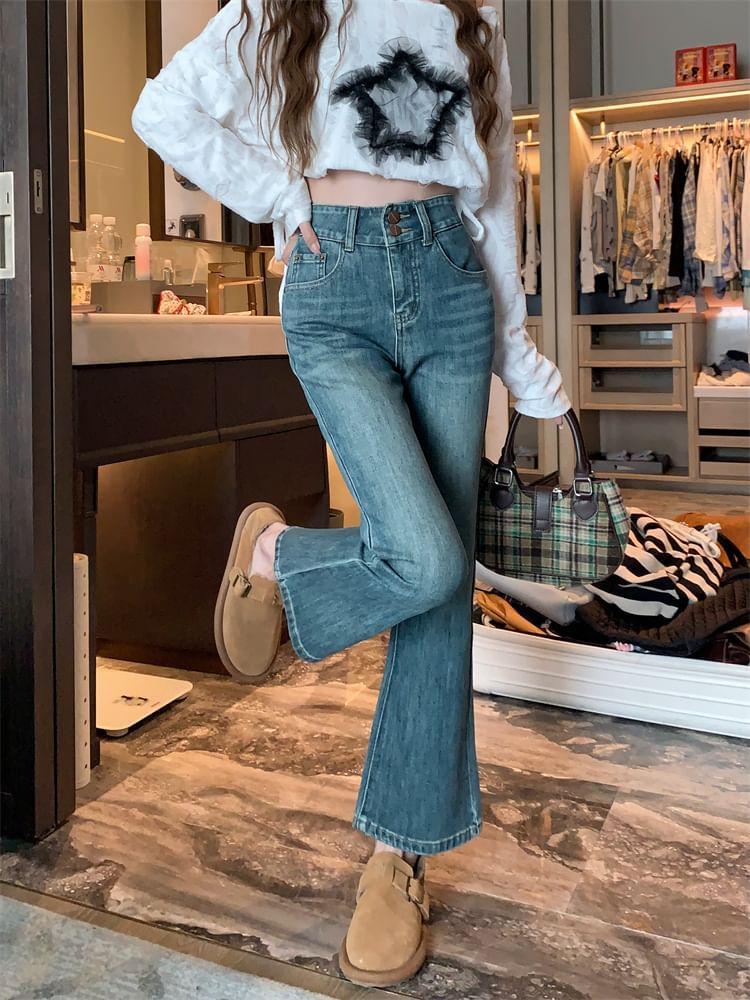 High Waist Washed Bootcut Jeans Product Image