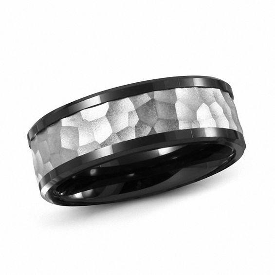 Men's 8.0mm Hammered Wedding Band in Two-Tone Ceramic and Stainless Steel Product Image