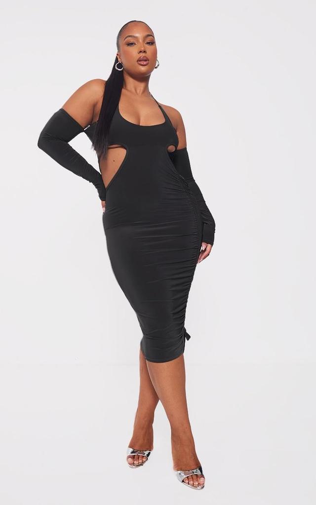 Plus Black Slinky Ruched Cut Out Midi Dress Product Image