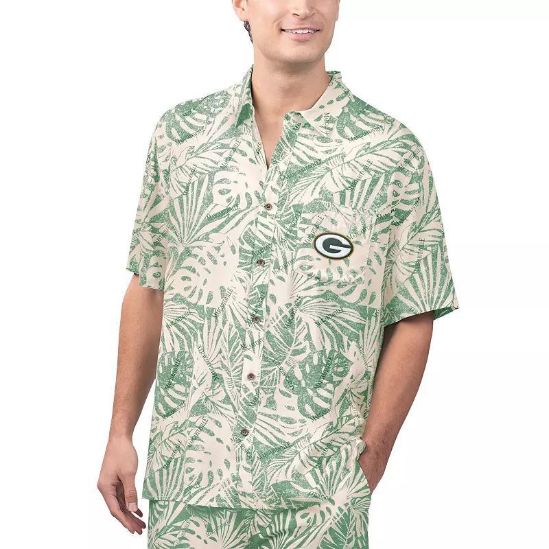 Mens Margaritaville Tan Green Bay Packers Sand Washed Monstera Print Party Button-Up Shirt Product Image