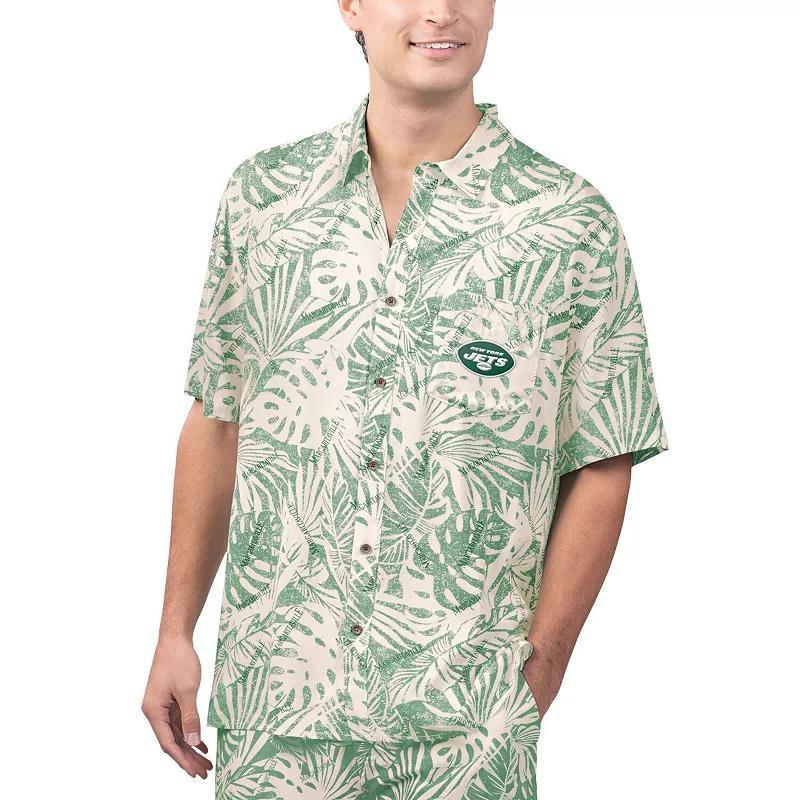 Mens Margaritaville Tan New York Jets Sand Washed Monstera Print Party Button-Up Shirt Product Image