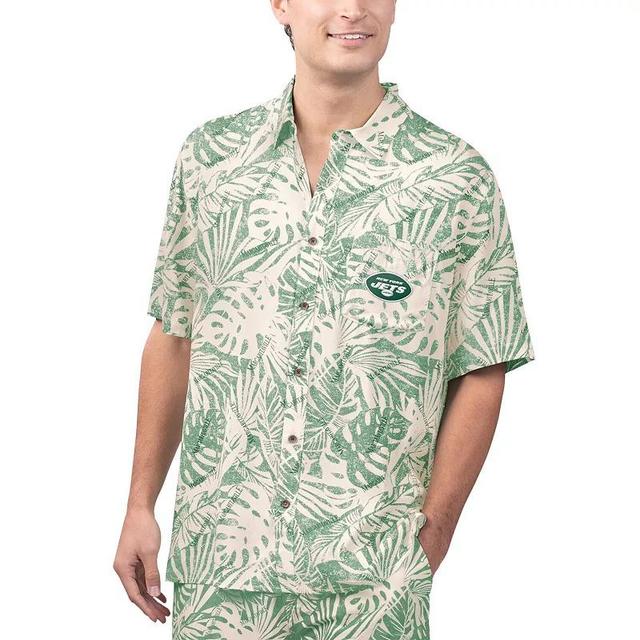 Mens Margaritaville Tan New York Jets Sand Washed Monstera Print Party Button-Up Shirt Product Image