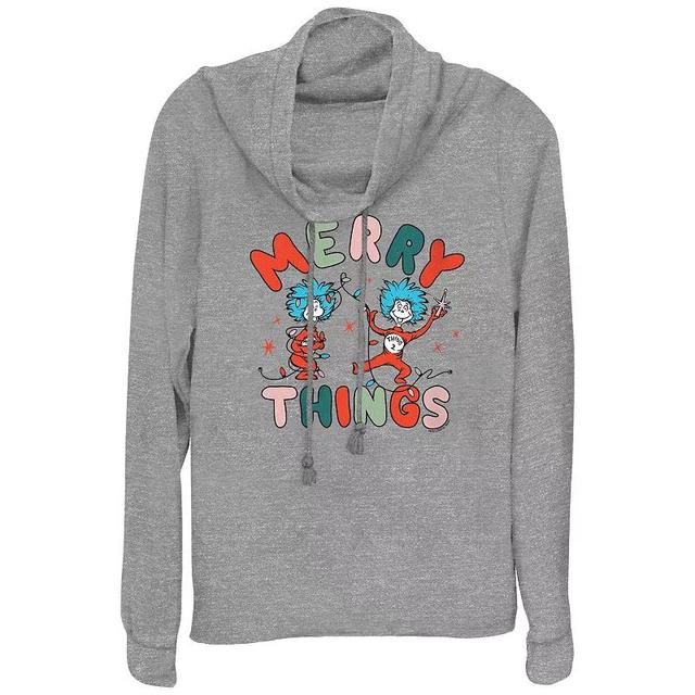 Womens Dr. Seuss Thing 1 And Thing 2 Merry Things Cowlneck Graphic Lightweight Long Sleeve Gray Grey Product Image