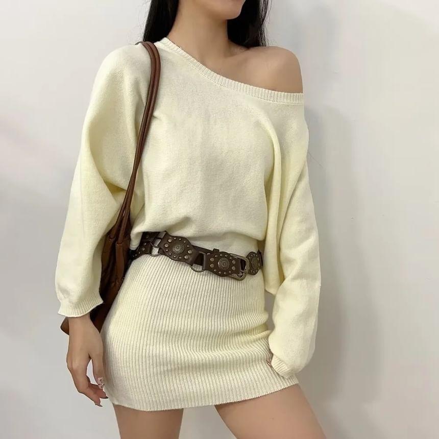 Off Shoulder Plain Mini Sweater Dress Product Image