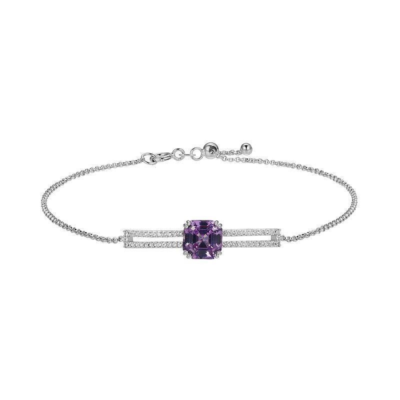 Rhodium-Plated Sterling Silver Lab-Created Alexandrite and Lab-Created White Sapphire Adjustable Bracelet, Womens Purple Product Image