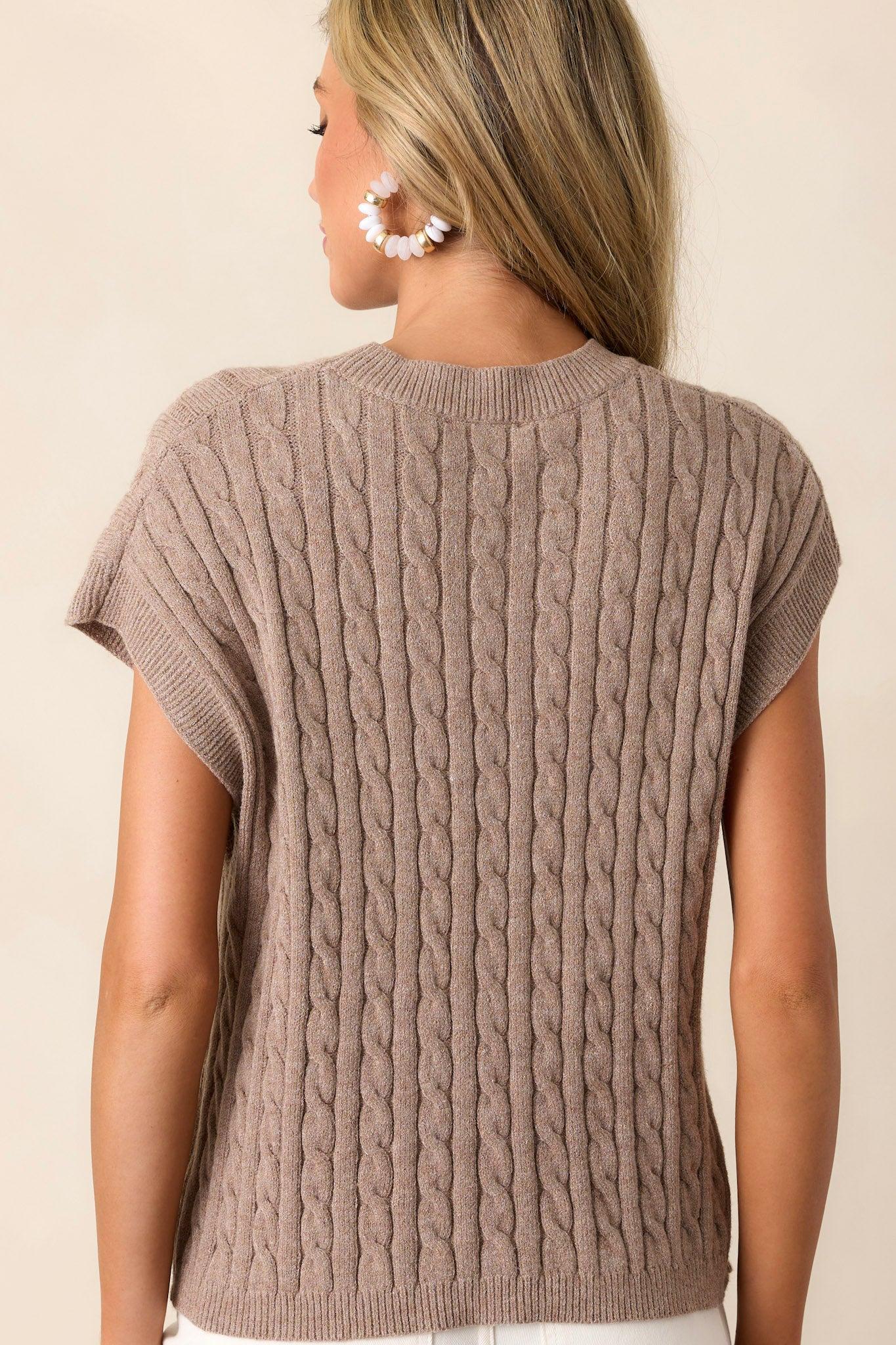 Talking To You Taupe Cable-Knit Cap Sleeve Sweater Product Image