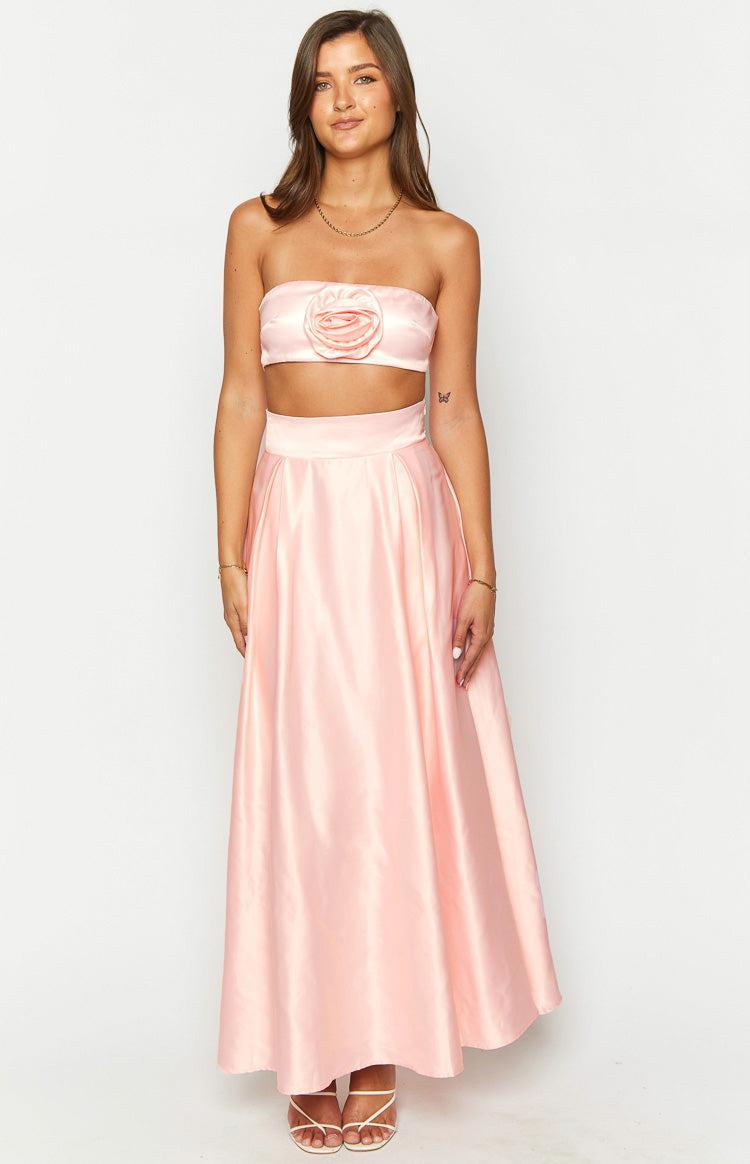 Nakiyah Pink Satin High Waisted Maxi Skirt Product Image