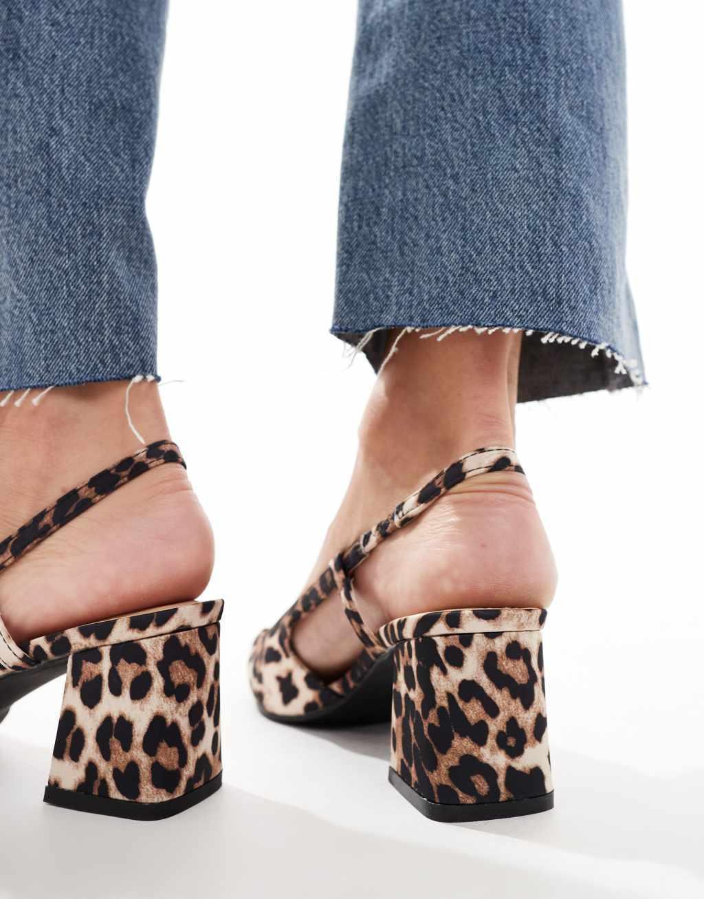 SEQWL pointed sling back block heeled shoes in leopard print Product Image