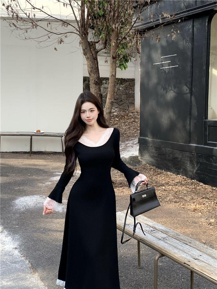 Long-Sleeve Off Shoulder Lace Trim Maxi A-Line Dress Product Image