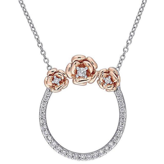 Stella Grace Two-Tone Sterling Silver Lab-Created White Sapphire Rose & Circle Pendant Necklace, Womens Product Image