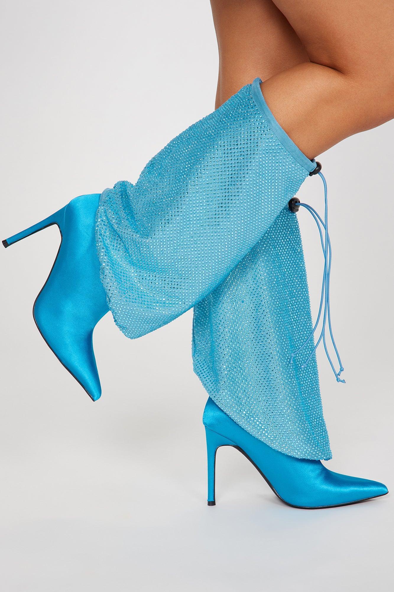 We Don't Stop Knee High Heeled Boots - Turquoise Product Image