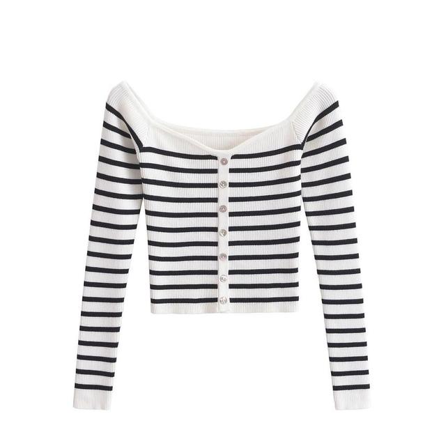 Long-Sleeve Boat Neck Striped Button Crop Knit Top Product Image