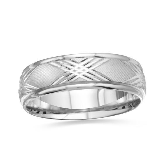 Men's 6.0mm Comfort-Fit Diamond-Cut Criss-Cross Wedding Band in 14K White Gold - Size 10 Product Image