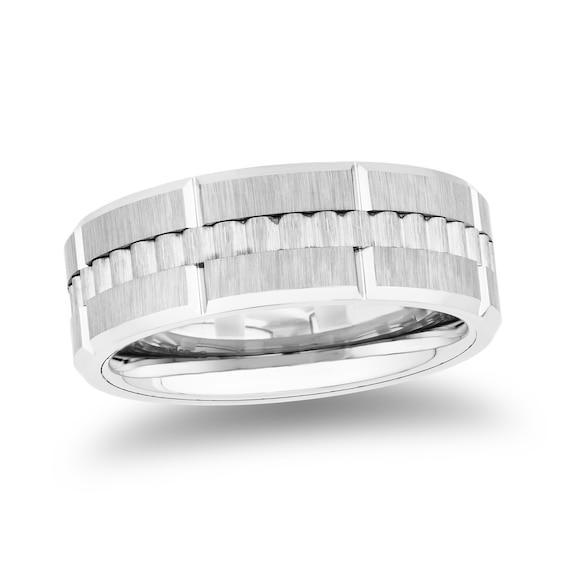 Men's 8.0mm Ribbed Stripe Band in Silver-Tone Ion-Plated Tungsten Product Image