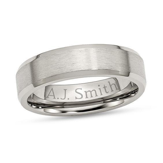 Men's 6.0mm Engravable Bevelled Edge Wedding Band in Stainless Steel (1 Line) Product Image