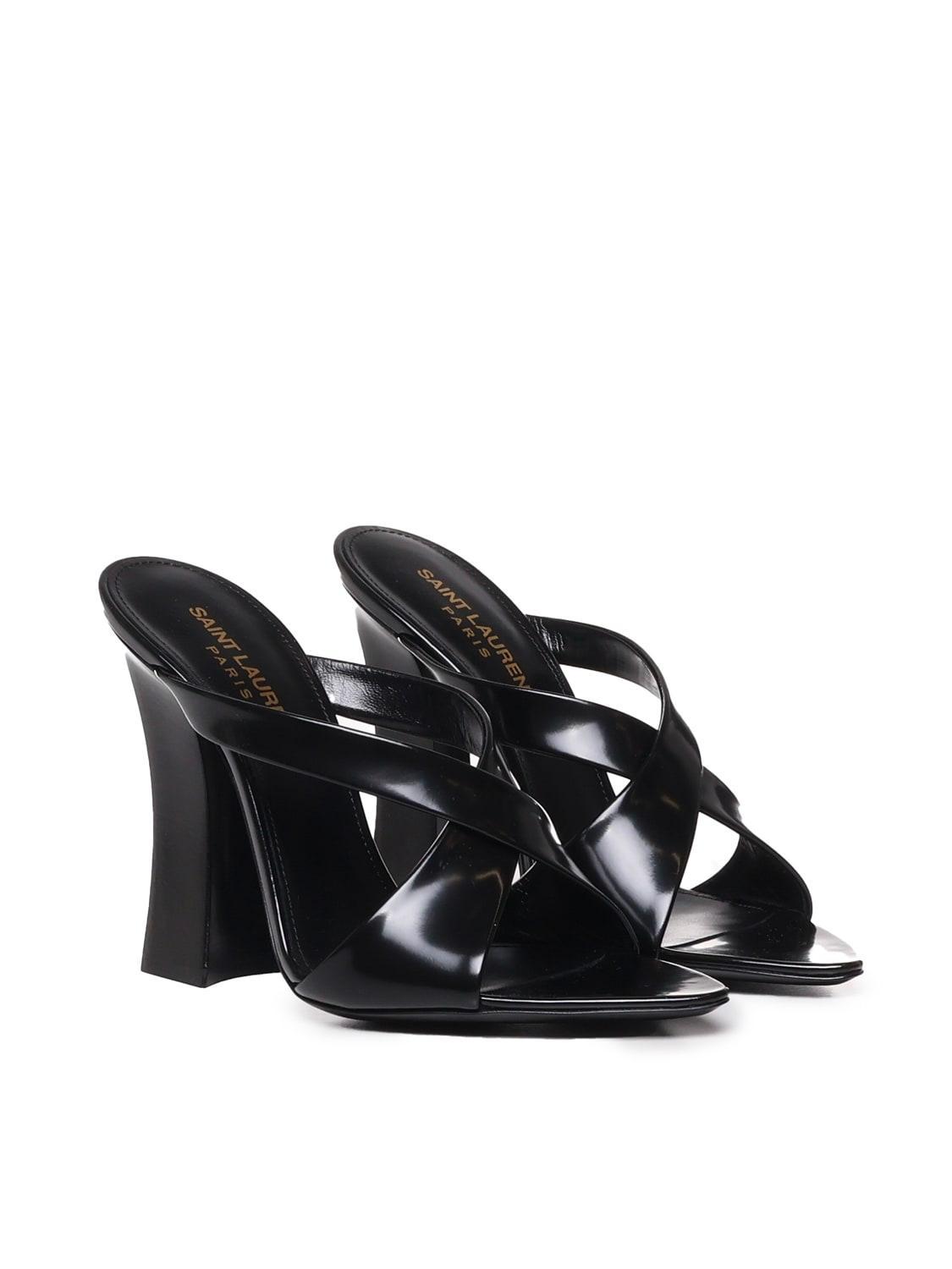 SAINT LAURENT Eva Glossed-leather Mules In Black Product Image