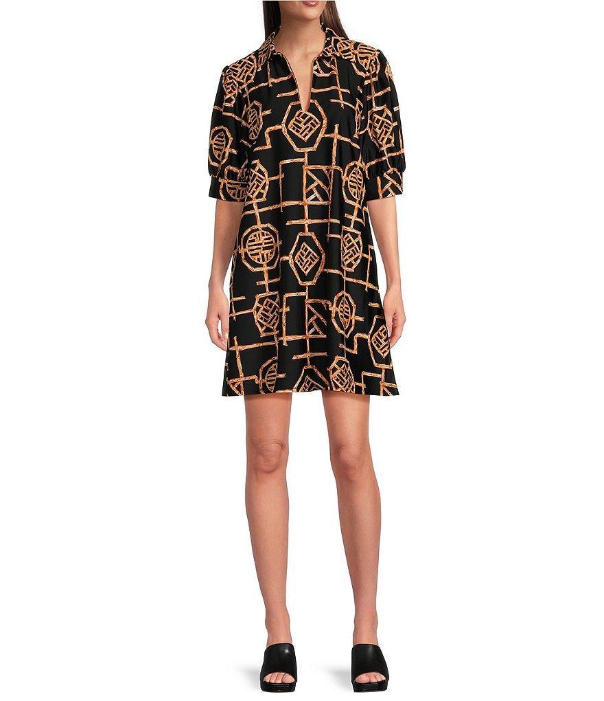 Jude Connally Emerson Bamboo Lattice Print Jude Cloth Knit Point Collar Puffed Sleeve Shift Dress product image