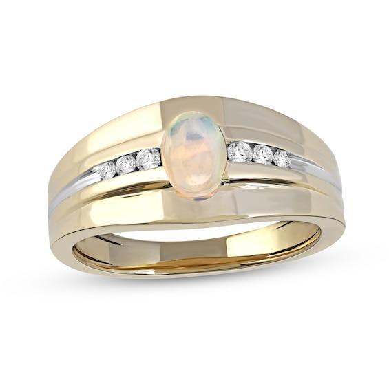 Men's Oval Opal and 1/6 CT. T.w. Diamond Tri-Sides Grooved Band in 10K Two-Tone Gold Product Image