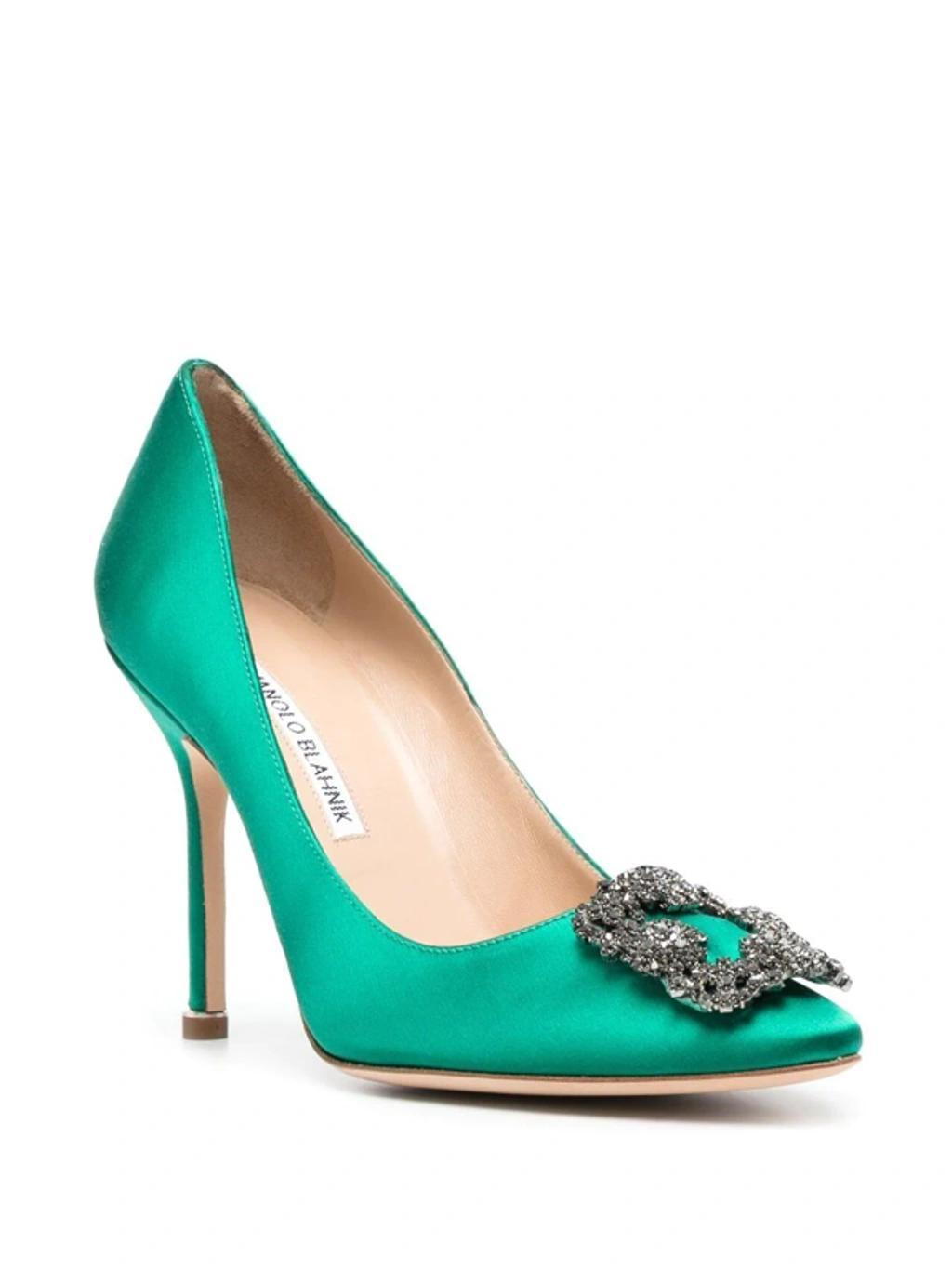 MANOLO BLAHNIK 105mm Hangisi Swarovski Silk Satin Pumps In Green Product Image