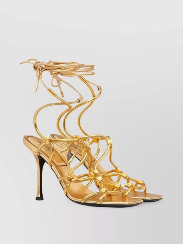 Studded Net Heel Sandals In Gold Product Image