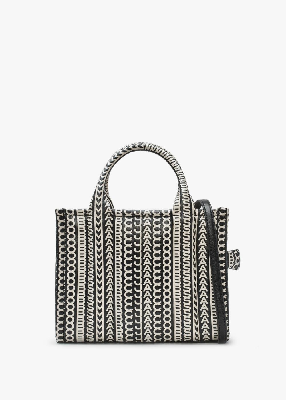 MARC JACOBS The Monogram Leather Small Black & White Tote Bag In Black Leather Product Image