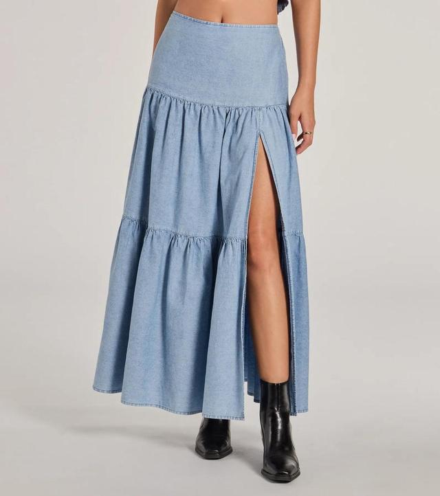 Just Got Sweet High-Rise Slit Chambray Maxi Skirt Product Image