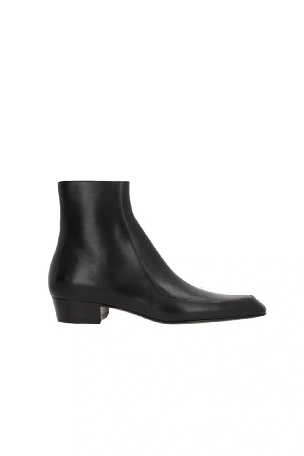 SAINT LAURENT High Top Square Toe Block Heel Ankle Boots In Black   Product Image