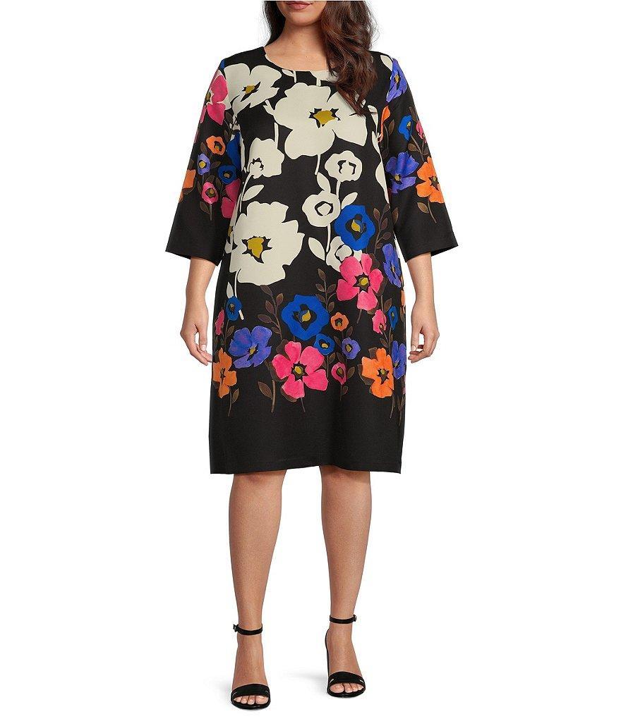 Caroline Rose Plus Size Whimsical Flower Print Scoop Neck 3/4 Sleeve Pocketed A-Line Dress Product Image