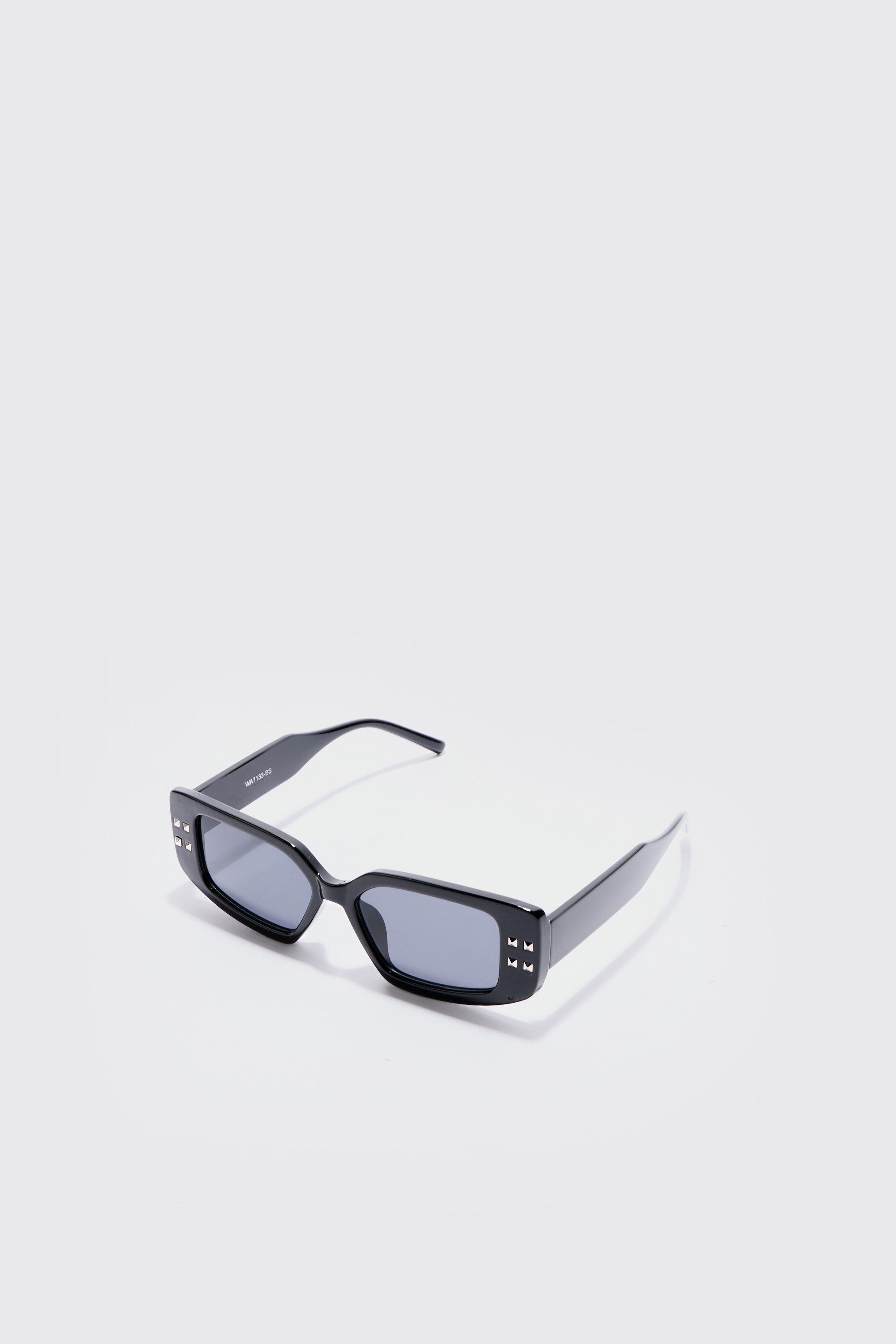 Chunky Rectangle Sunglasses In Black | boohooMAN USA Product Image