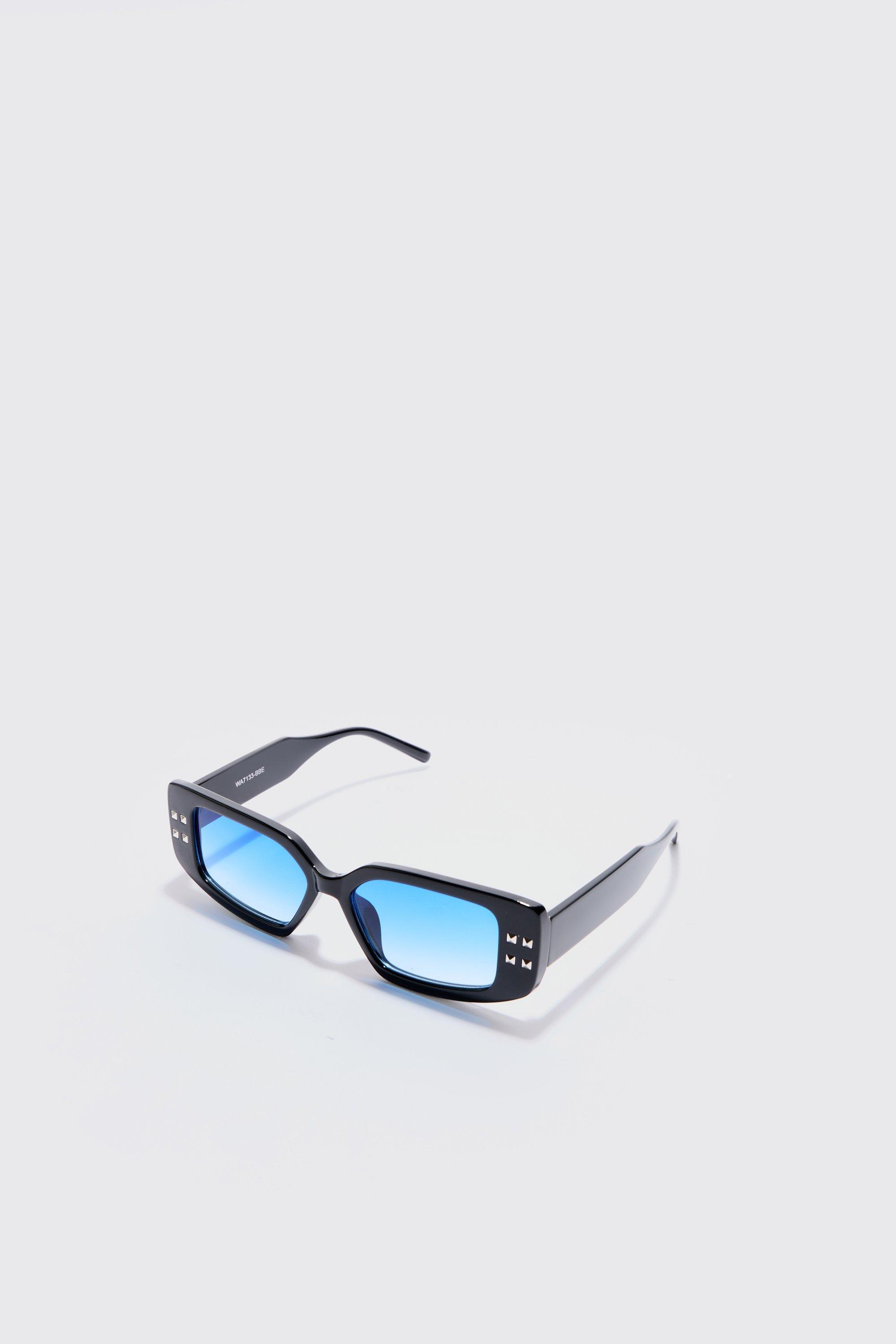 Chunky Rectangle Sunglasses With Blue Lens In Black | boohooMAN USA Product Image