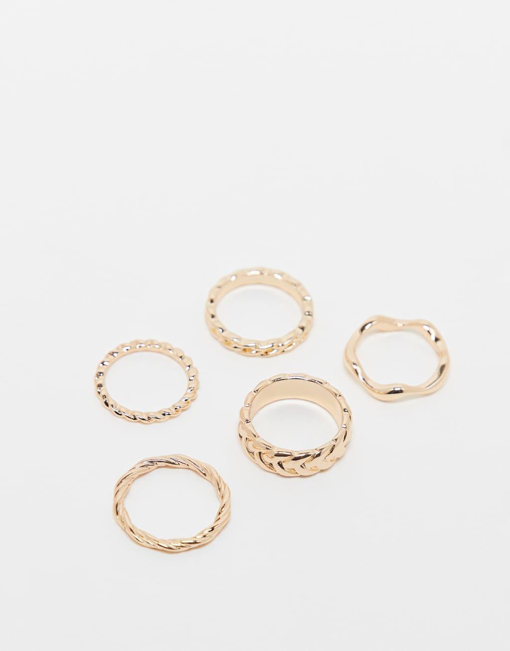 ASOS DESIGN pack of 5 rings with weave detail in gold tone Product Image