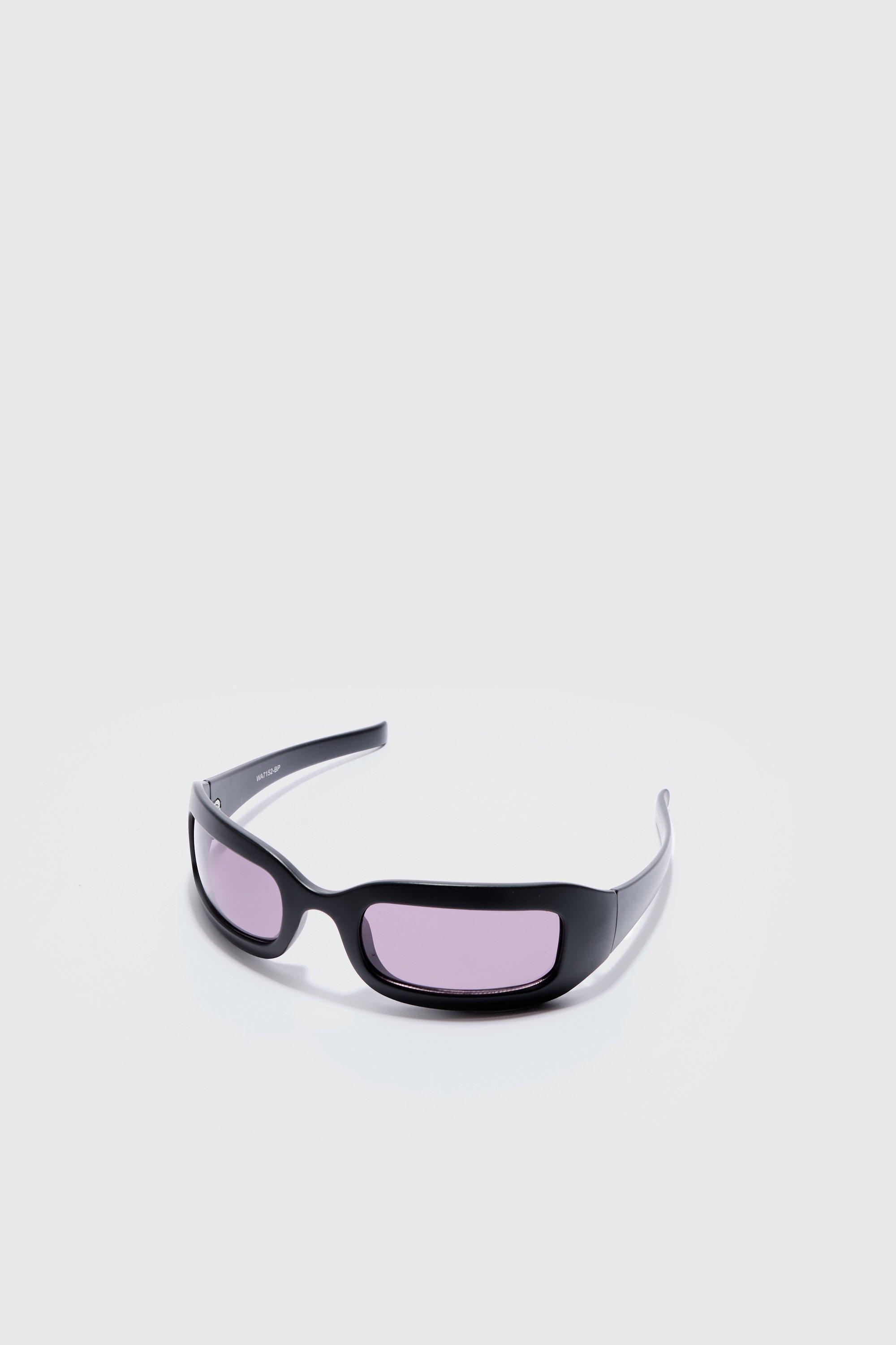 Chunky Wrap Around Rectangle Sunglasses In Black | boohooMAN USA Product Image