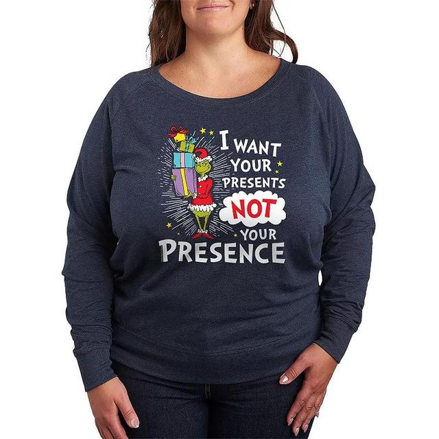 Plus Size Dr. Seuss The Grinch Presents Not Presence Lightweight French Terry Sweatshirt, Womens Grey Indigo Product Image