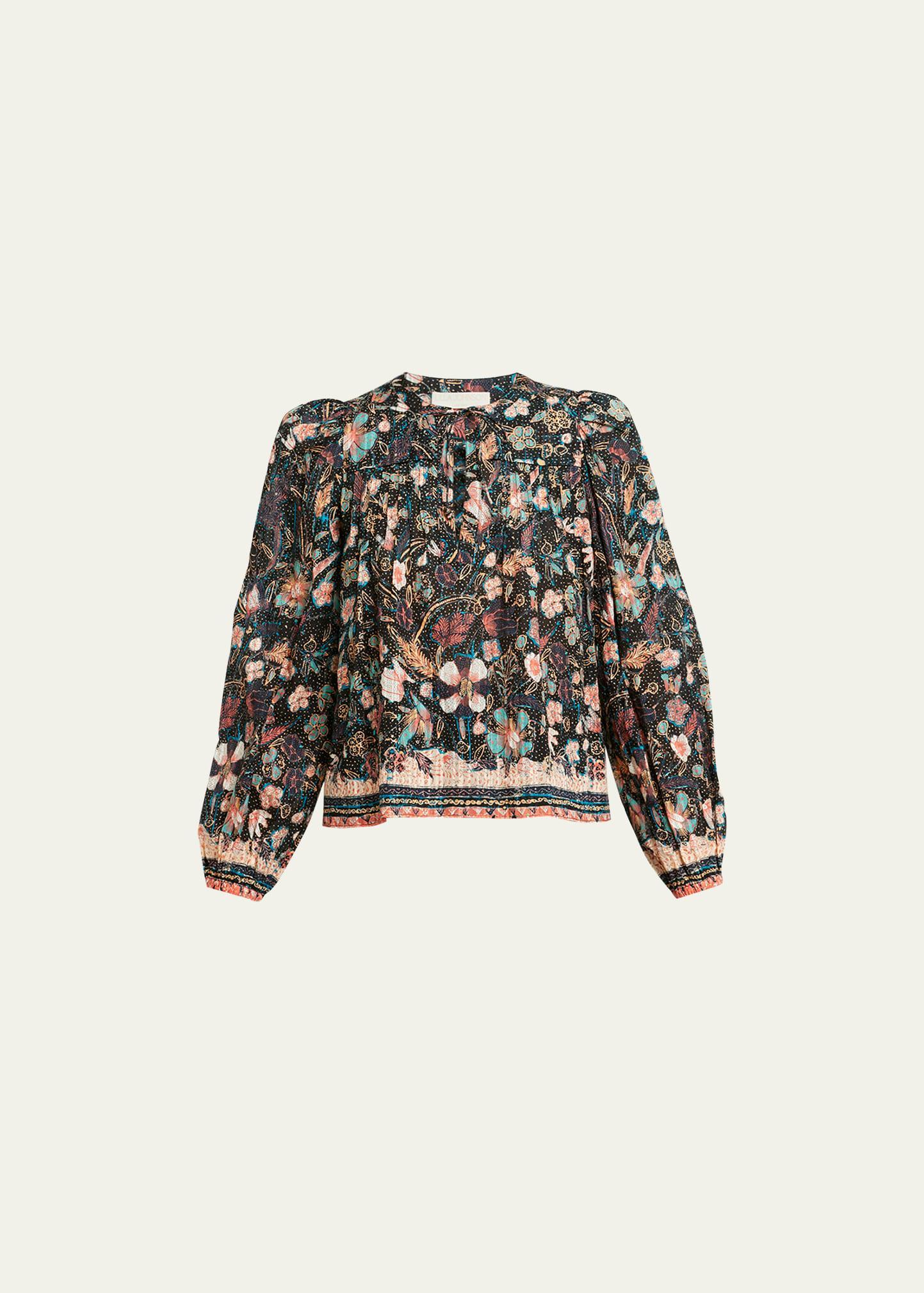 Andi Floral-Print Pintuck Keyhole Blouse Product Image