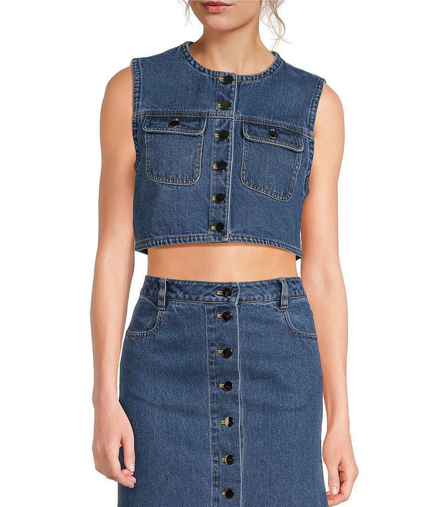 RONNY KOBO Guise Denim Round Neck Cropped Button Front Vest Product Image