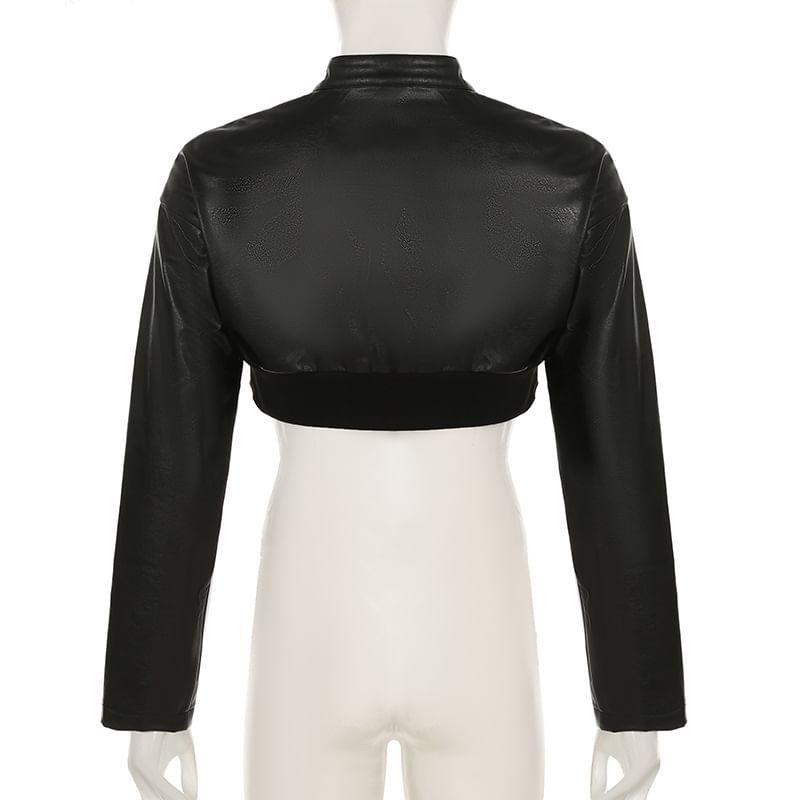 Stand Collar Lettering Faux Leather Crop Zip Jacket Product Image