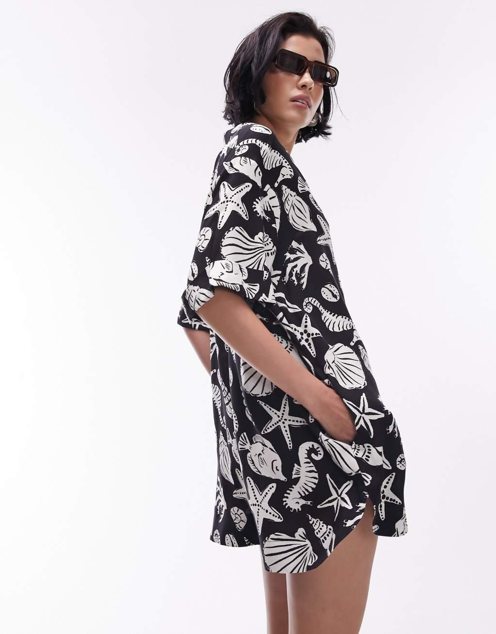 Topshop button down romper in mono shell print Product Image