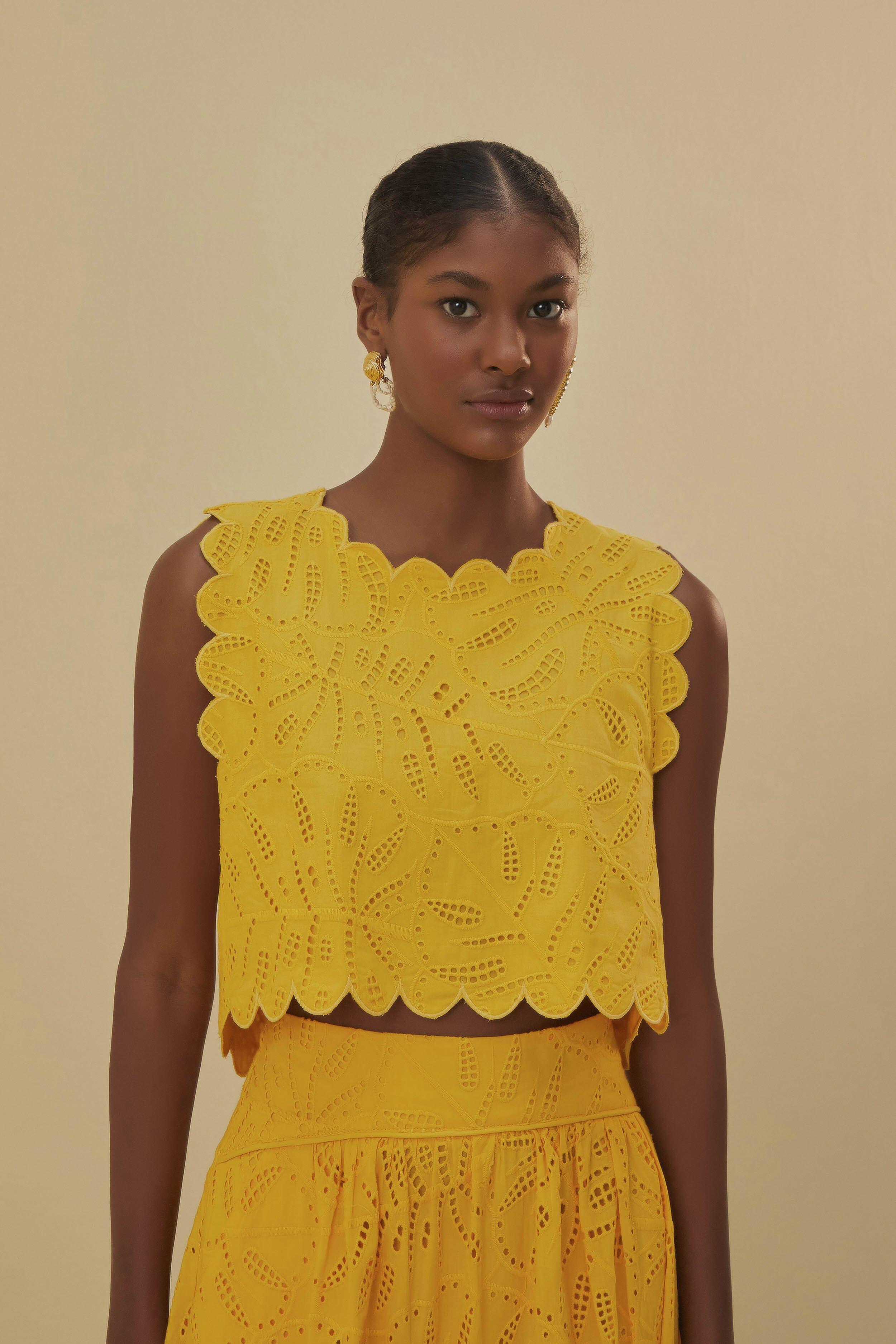 Yellow Monstera Eyelet Crop Top, YELLOW / XS Product Image