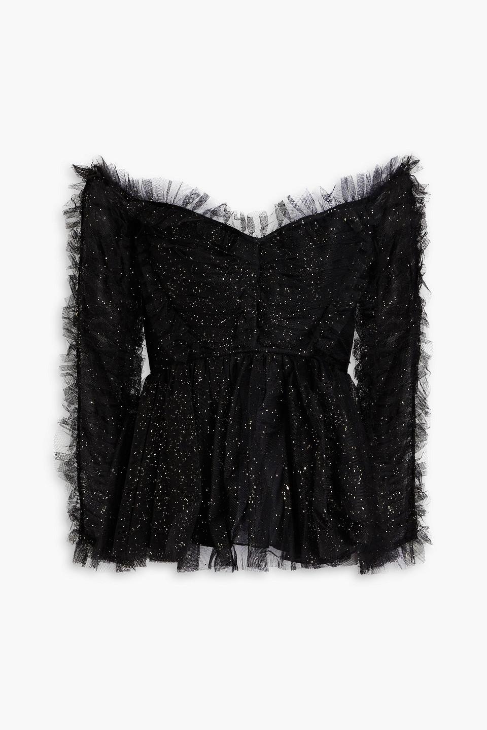 Prima Off-the-shoulder Ruffled Glittered Tulle Peplum Top In Black Product Image