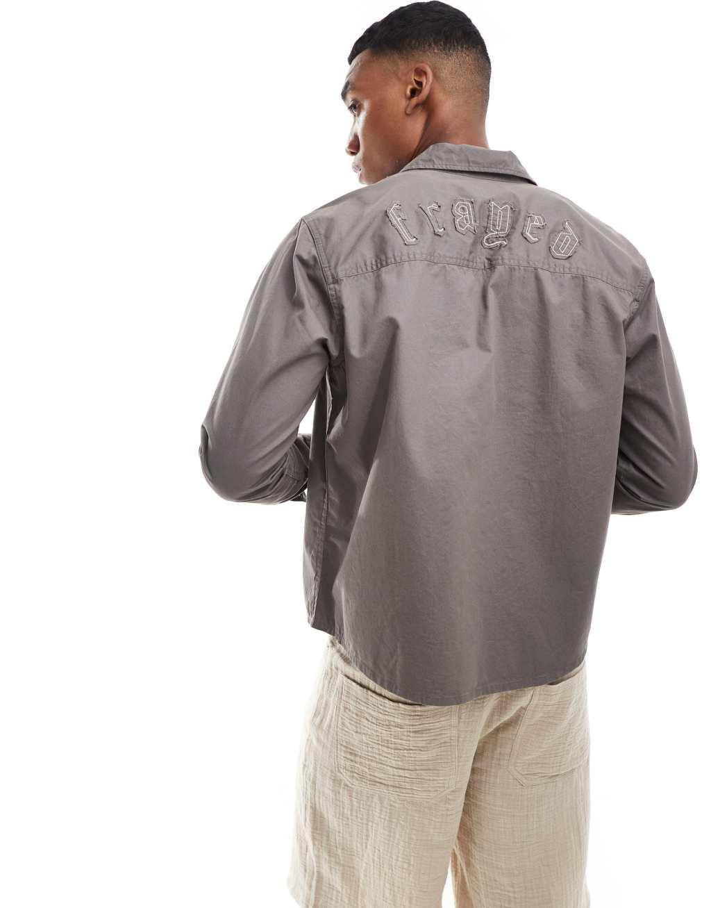 ONLY & SONS long sleeve shirt with frayed detail in charcoal Product Image