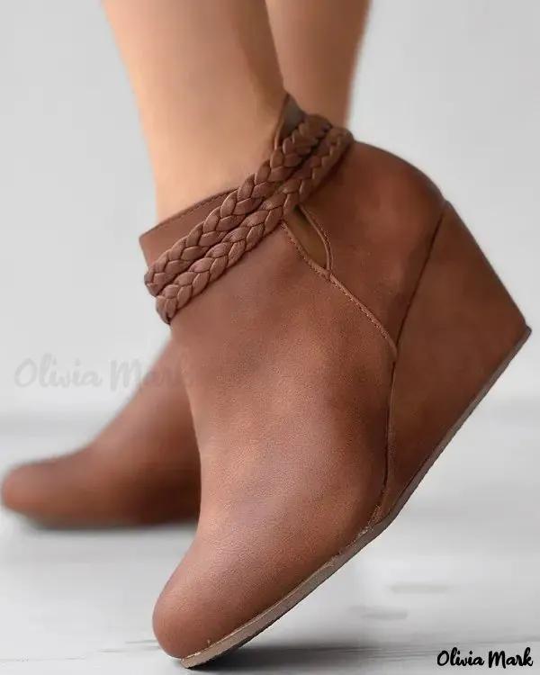 Olivia Mark – Round Toe Braided Wedge Boots Product Image