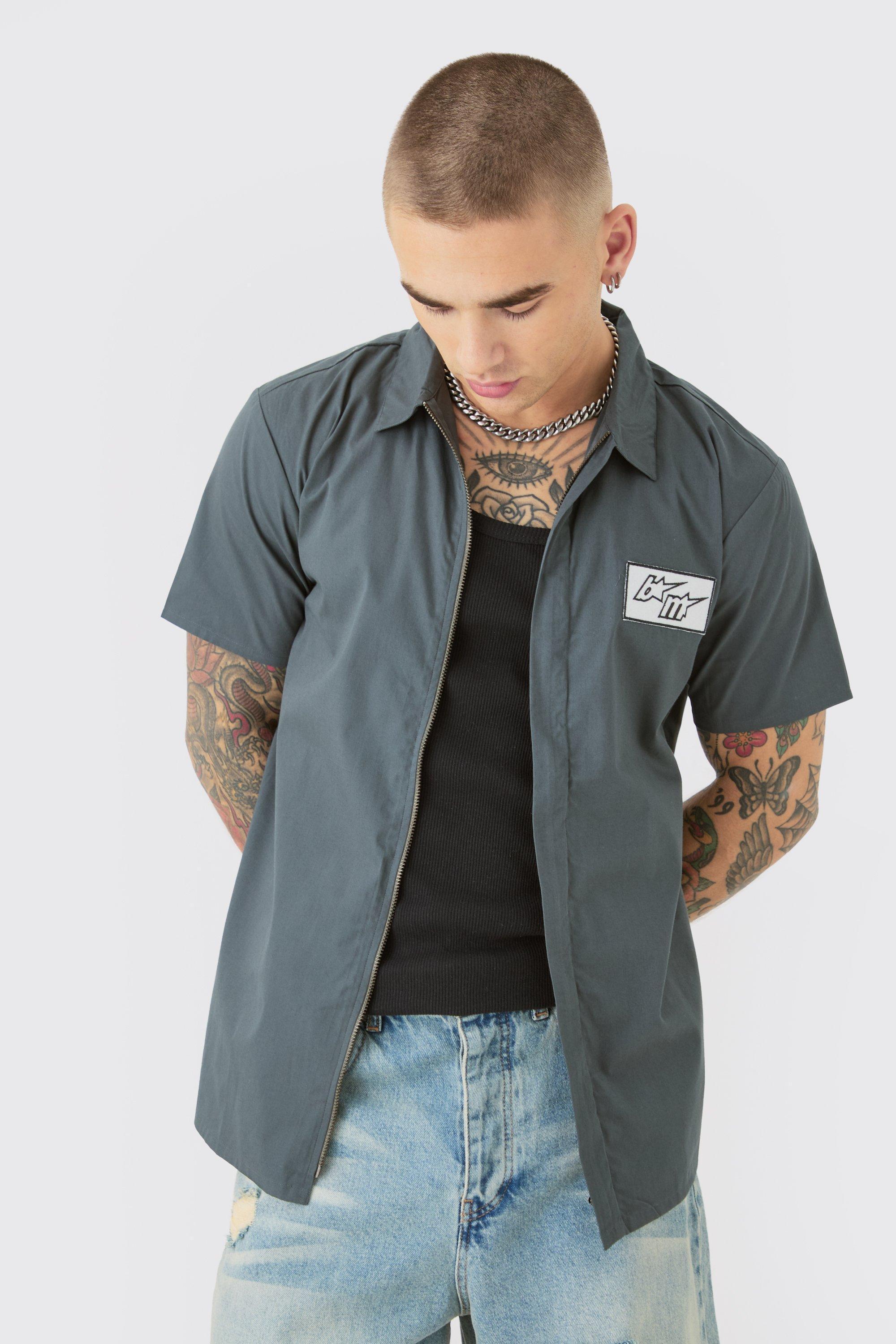 Short Sleeve Concealed Placket Moto Poplin Shirt | boohooMAN USA Product Image